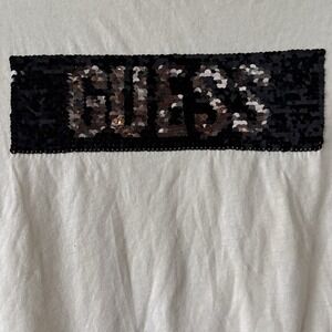Used Guess Womens Short Sleeve Sequin T-Shirt Cream Sz Large Excellent Condition
